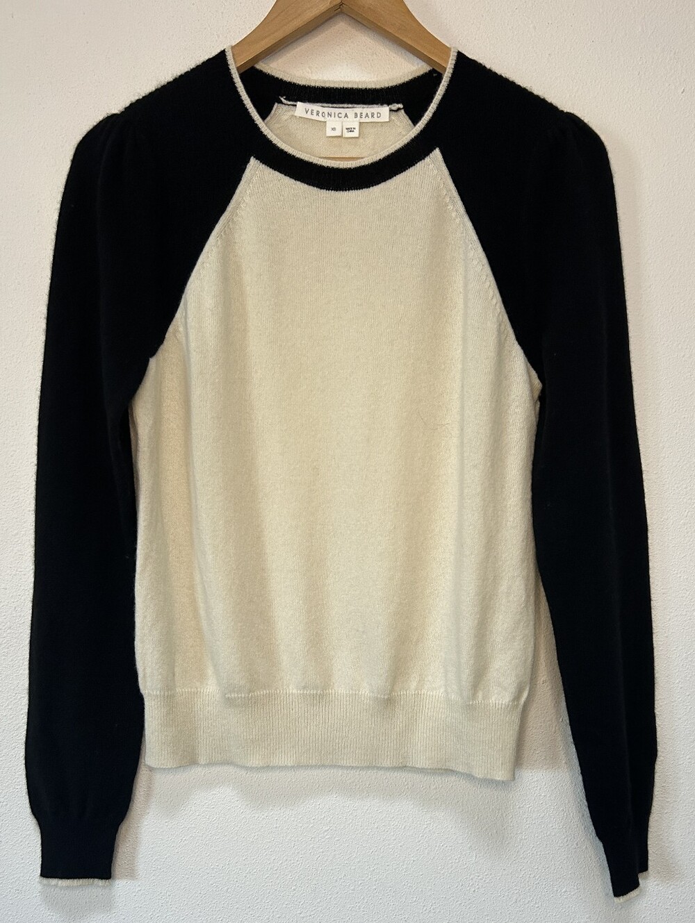 Veronica Beard Cream and Black Raglan Crewneck Sweater